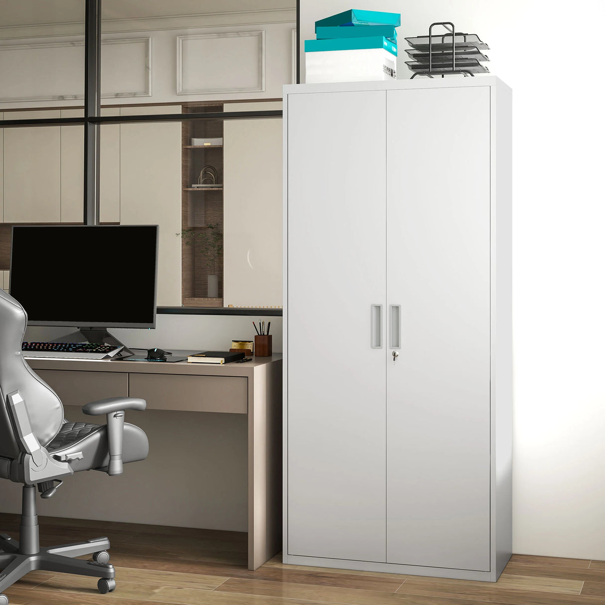 HOMCOM Metal Filing Cabinet Lockable Office Storage Cabinet with 5 Adjustable Shelf, White