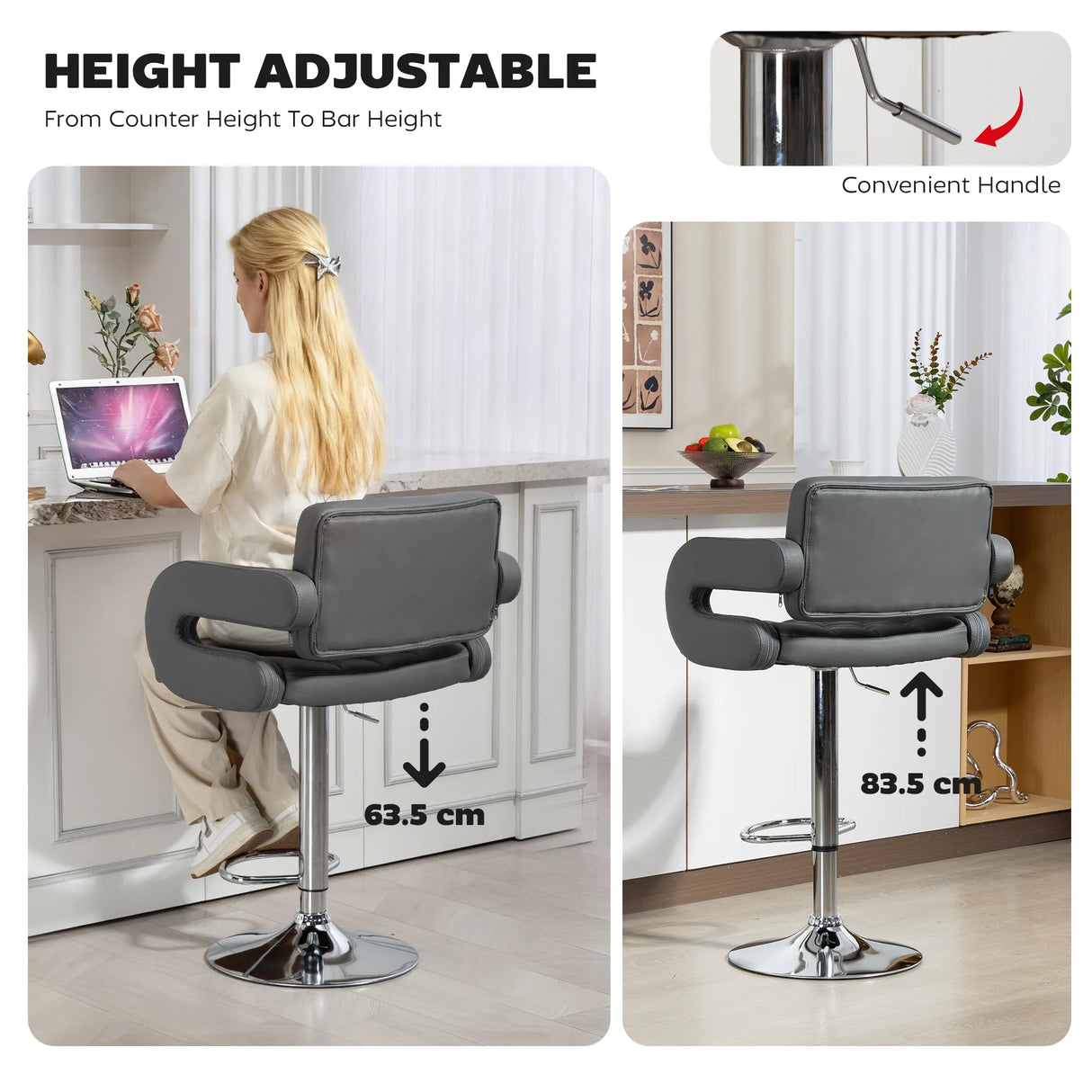 HOMCOM PU Leather Upholstered Swivel Bar Stool, Height Adjustable with Back, Armrest, Footrest, Grey