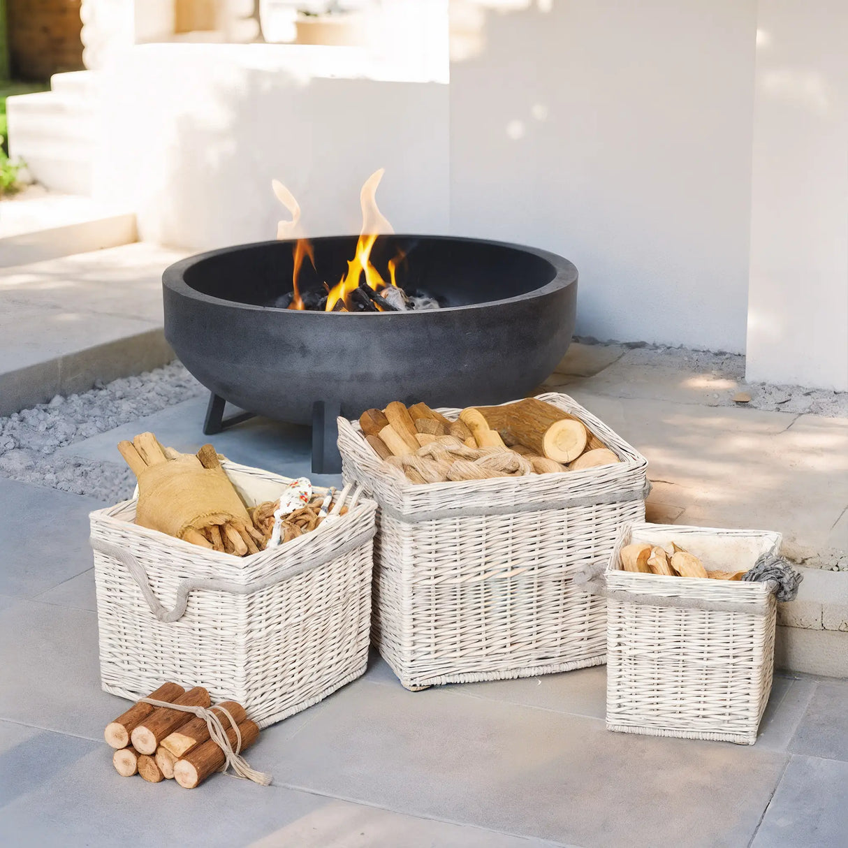 Outsunny Set of 3 Log Baskets for Wood Burner Indoor, Round Storage Basket with Lining and Rope Handles for Fireside Storage, Blankets, Beige