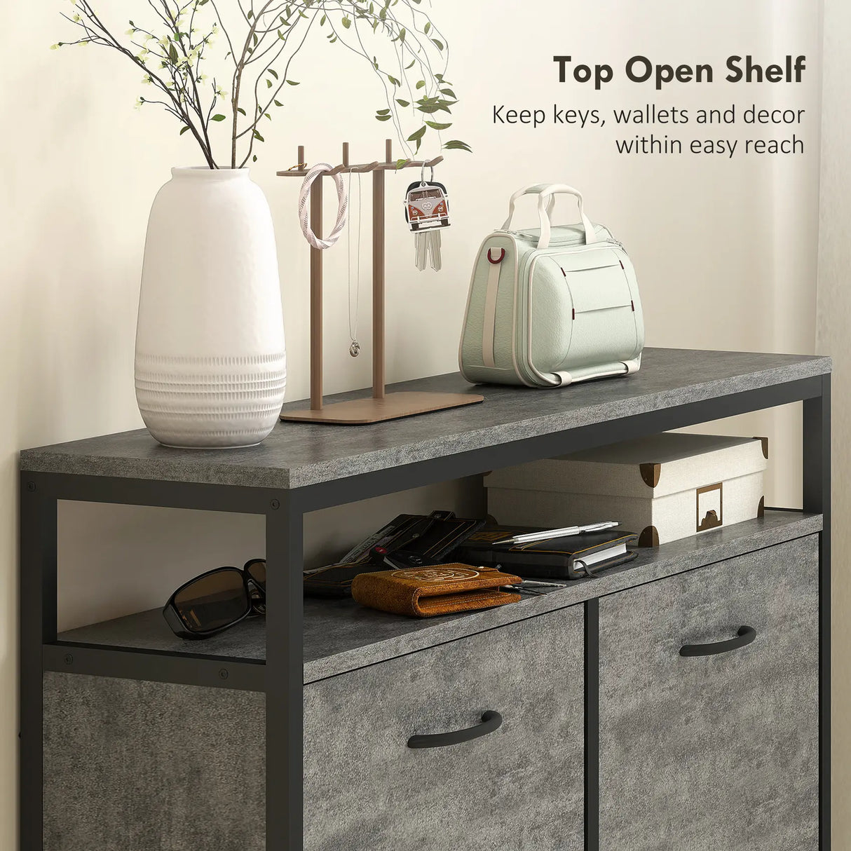 HOMCOM Shoe Storage Cabinet with 4 Flip Drawers and Open Shelf - Cement Grey
