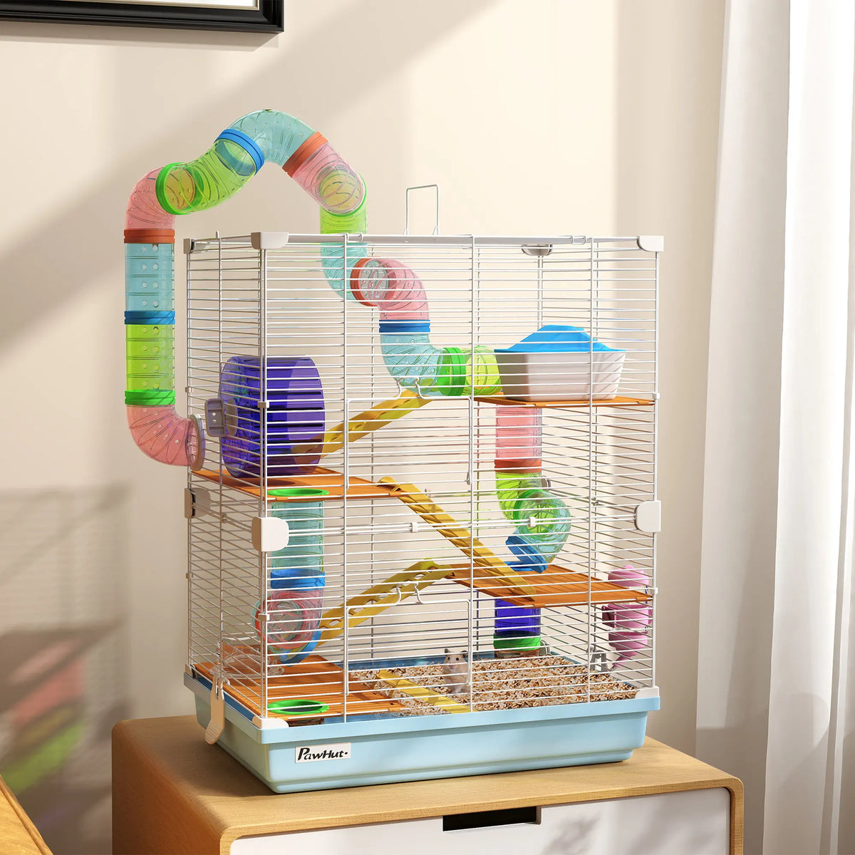 PawHut 5 Tier Hamster Cage Carrier Habitat w Exercise Wheels Tunnel
