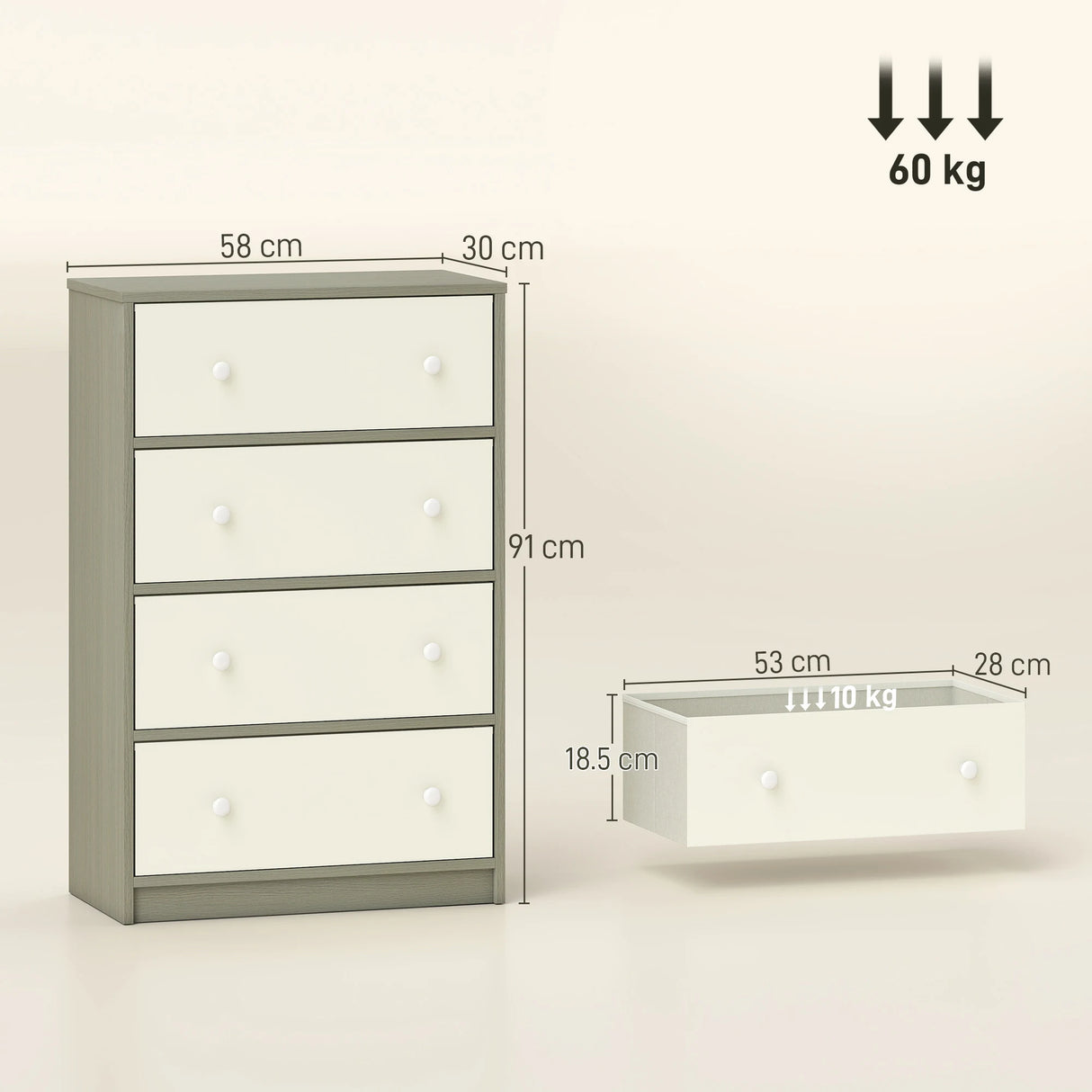 HOMCOM Chest of Drawers, Dresser with 4 Fabric Drawers - White and Grey