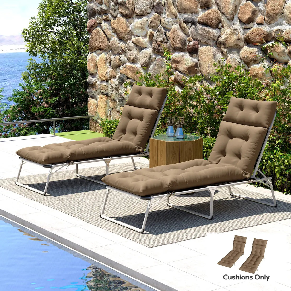 Outsunny Set of Two 190 x 56cm Sun Lounger Cushions - Khaki