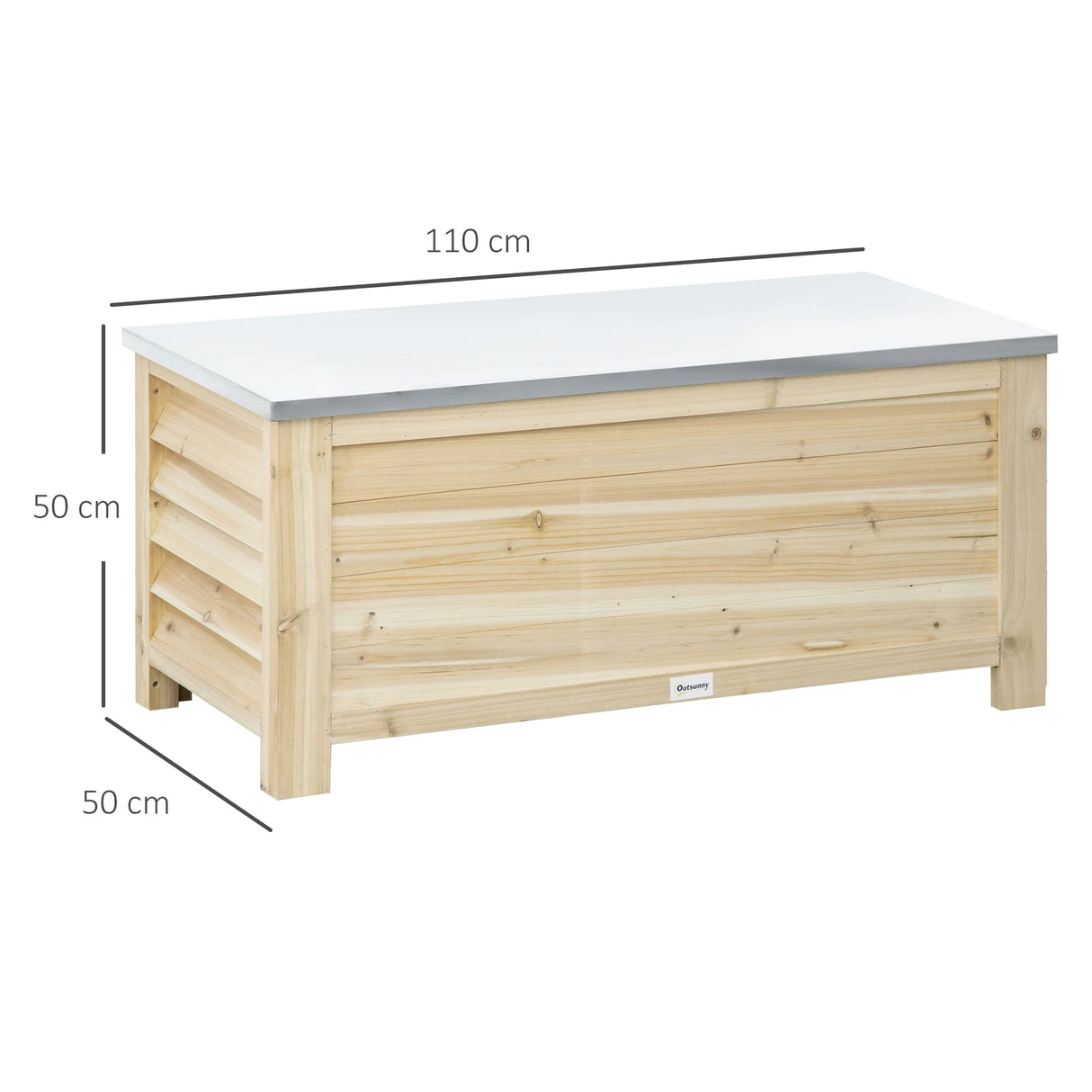 Outsunny 155L Outdoor Storage Box with Metal Top and Shutter Walls, Wooden Outside Tool organiser Container, for Garden, terrace