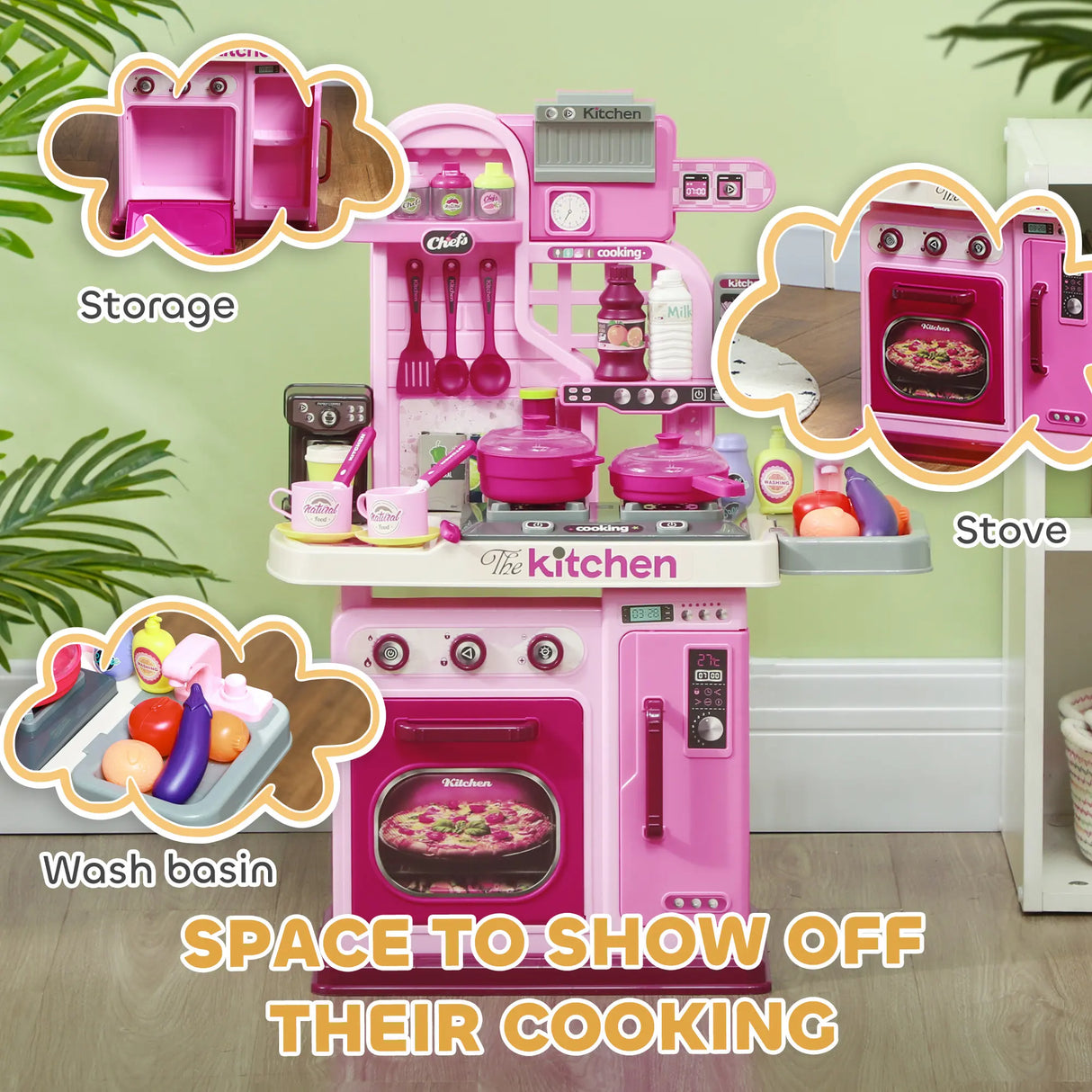 AIYAPLAY Kids Kitchen with 33 Pieces, Lights, Sounds, Storage, for Ages 3-6 Years, Pink
