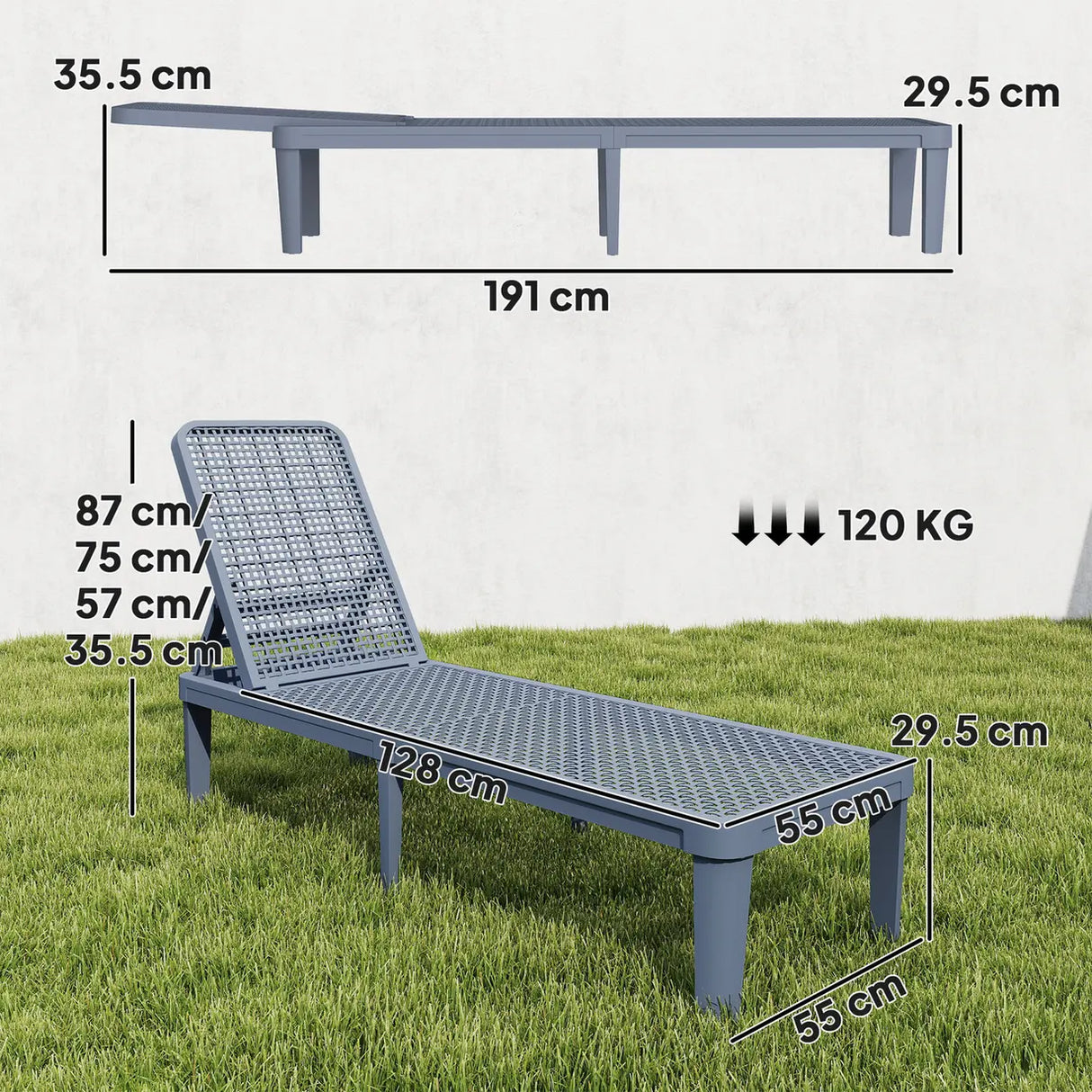 Outsunny Plastic Sun Lounger, 4-Position Adjustable Reclining Garden Lounger Sunbed for Patio, Beach, Terrace, Dark Grey