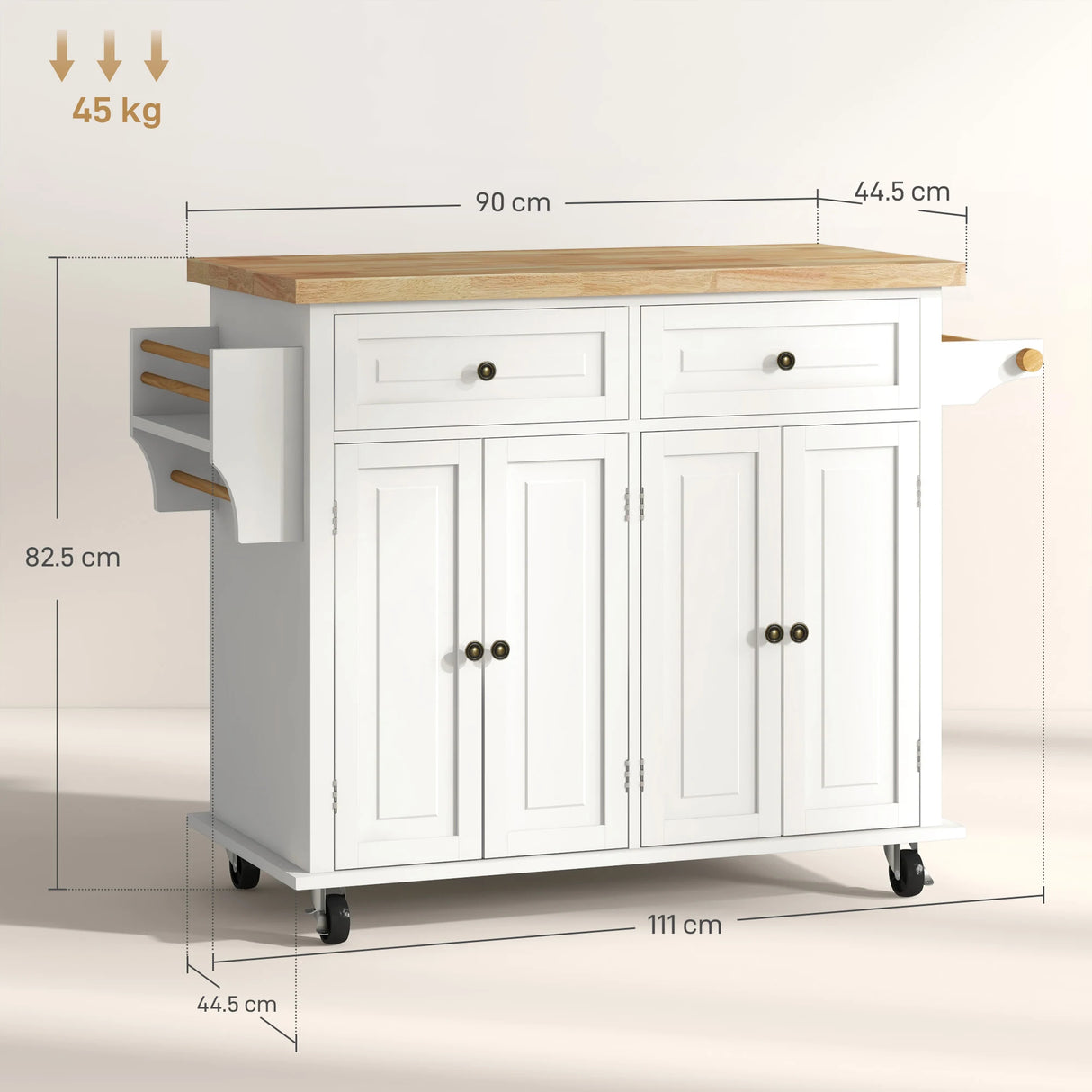 HOMCOM Rolling Kitchen Island Storage Trolley with Rubber Wood Top & Drawers for Dining Room, Cream White