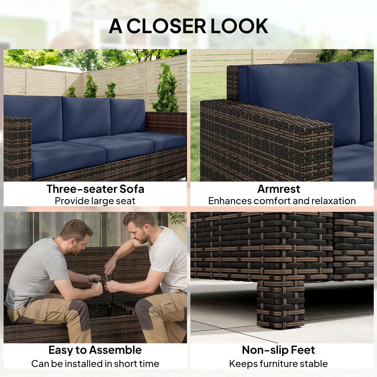 Outsunny 3 Seater Rattan Sofa All-Weather Wicker Weave Metal Frame Chair with Fire Resistant Cushio-Dark Blue
