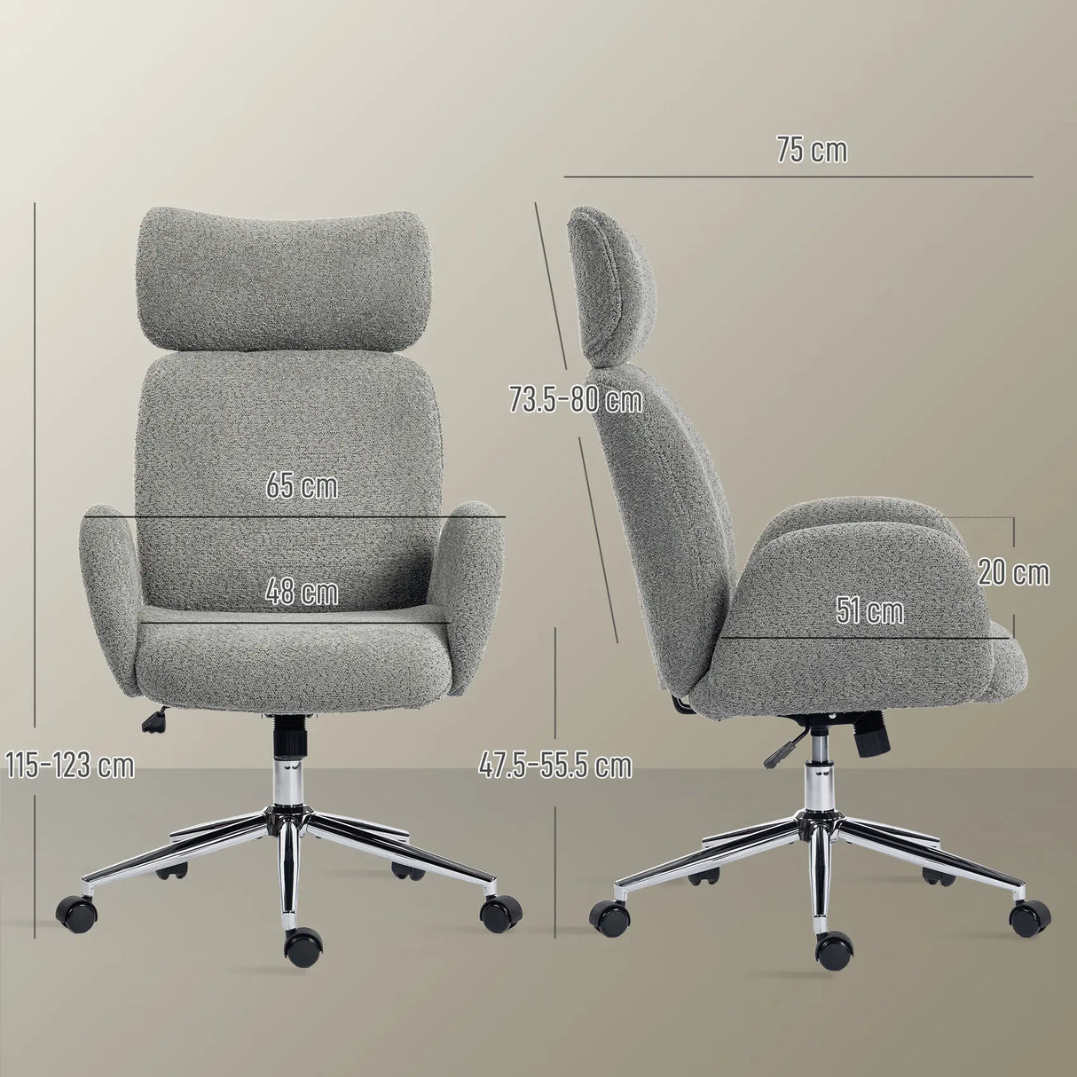 HOMCOM Office Chair with Adjustable Headrest, Spring Pack, Curved Line, Boucle Fabric - Charcoal Grey