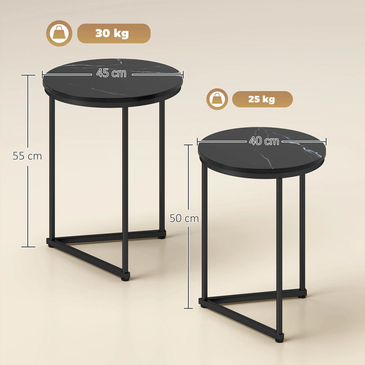 HOMCOM Set of Two Marble-Effect Nest of Tables - Black Marble Effect