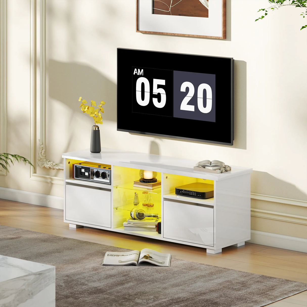HOMCOM TV Stand Cabinet with LED Lights - High Gloss White