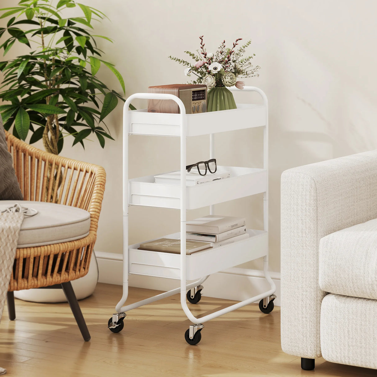 HOMCOM 3-Tier Storage Trolley on Wheels, Rolling Utility Cart with Mesh Backets for Kitchen, Bathroom, Bedroom, White