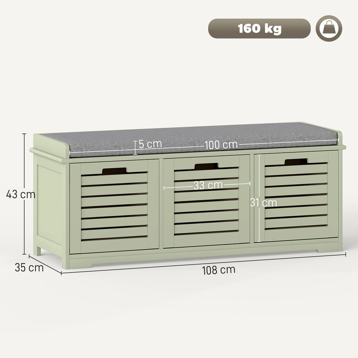 HOMCOM 3-Drawer Shoe Storage Bench - Green