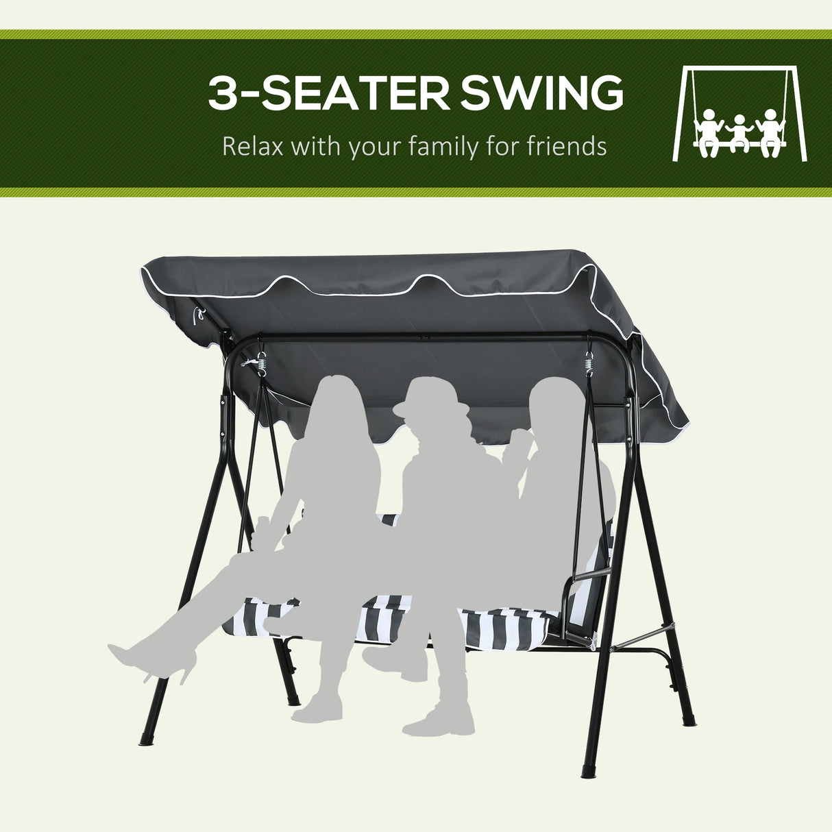 Outsunny 3 Seater Garden Swing Chair, Outdoor Swing Chair with Adjustable Canopy, Mental Frame & Cushions, Grey