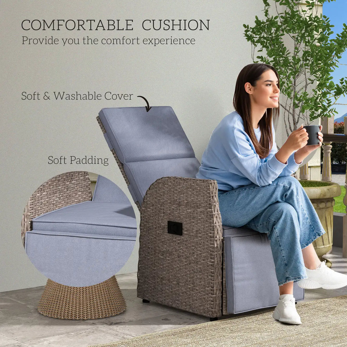 Outsunny 148 Reclining Rattan Garden Armchair, with Footrest - Brown/Grey