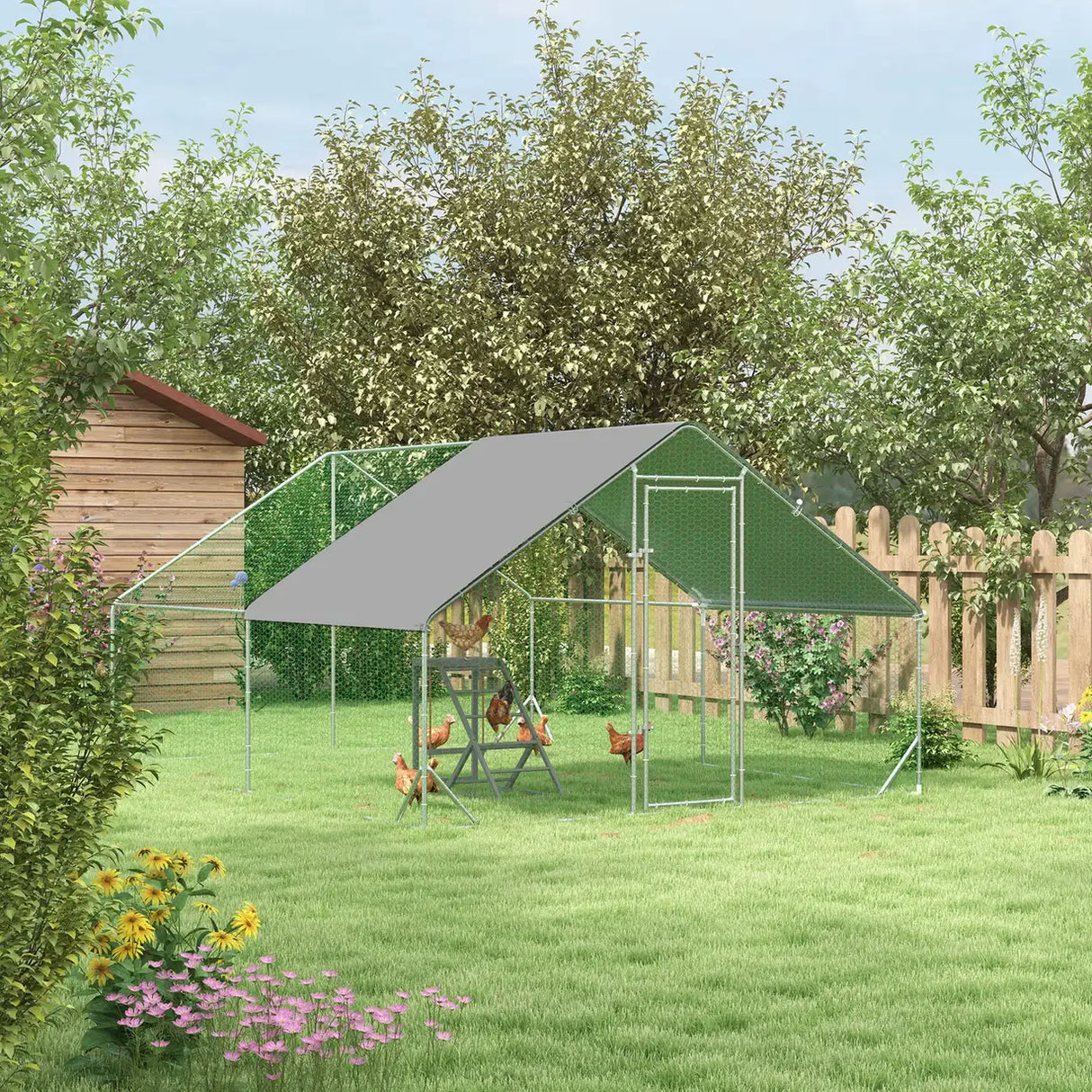 PawHut Walk In Chicken Run with Chicken Activity Shelf and Cover, 3 x 4 x 2m