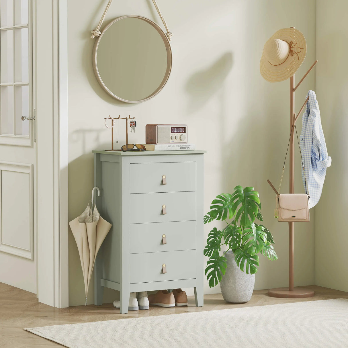 HOMCOM Bedroom Chest of Drawers, Modern 4 Drawer Dresser Cabinet with PU Leather Handles and Metal Runners for Living Room, Hallway, Entryway, Green