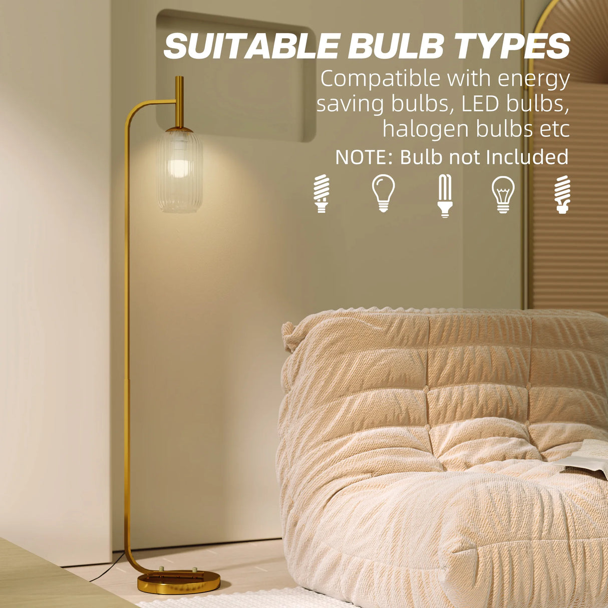 HOMCOM Floor Lamp for Living Room with Glass Lampshade, Modern Standing Lamp with Foot Switch for Bedroom, Bulb not Included, Gold Tone