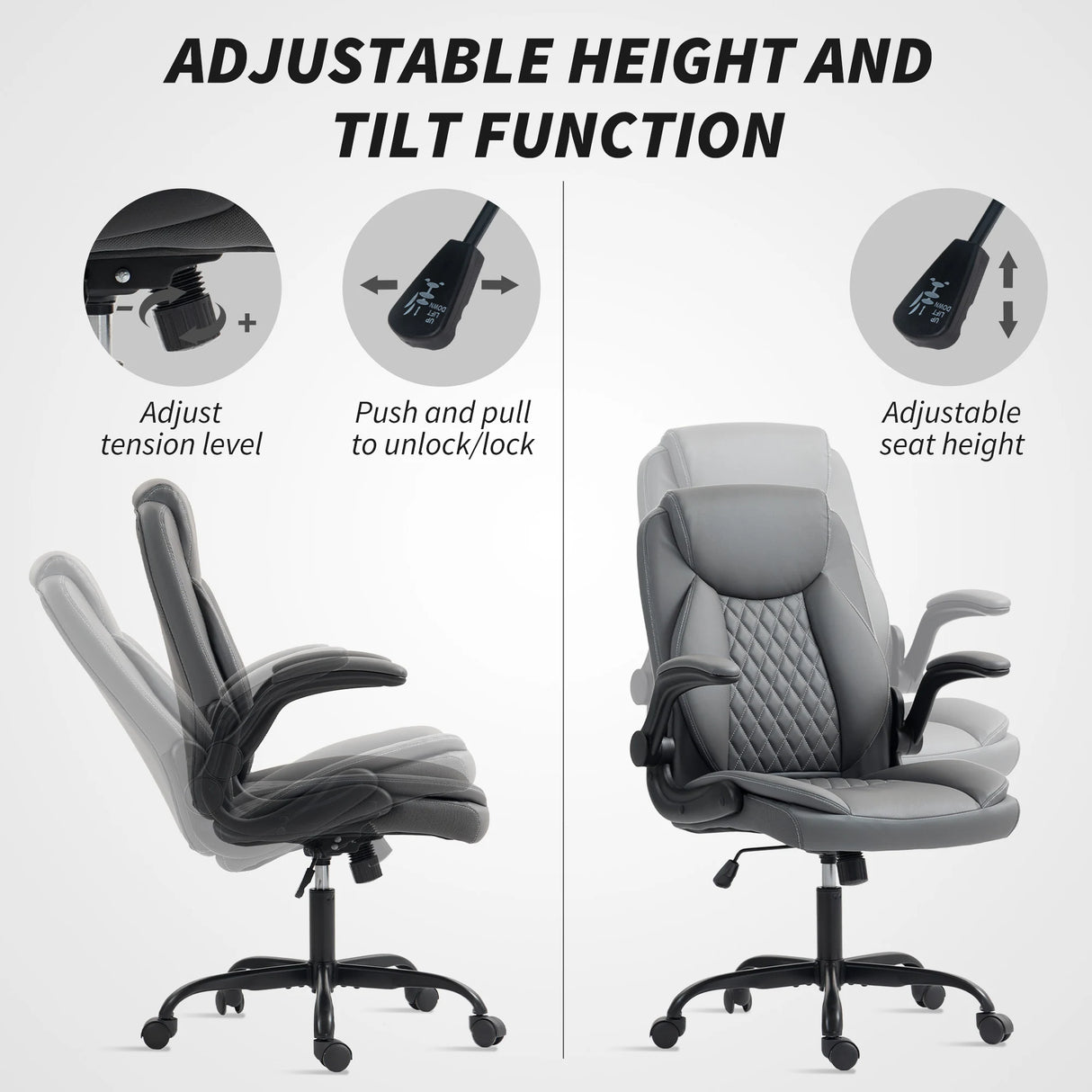 HOMCOM Faux Leather Office Chair. with Flip-Up Armrests - Charcoal Grey