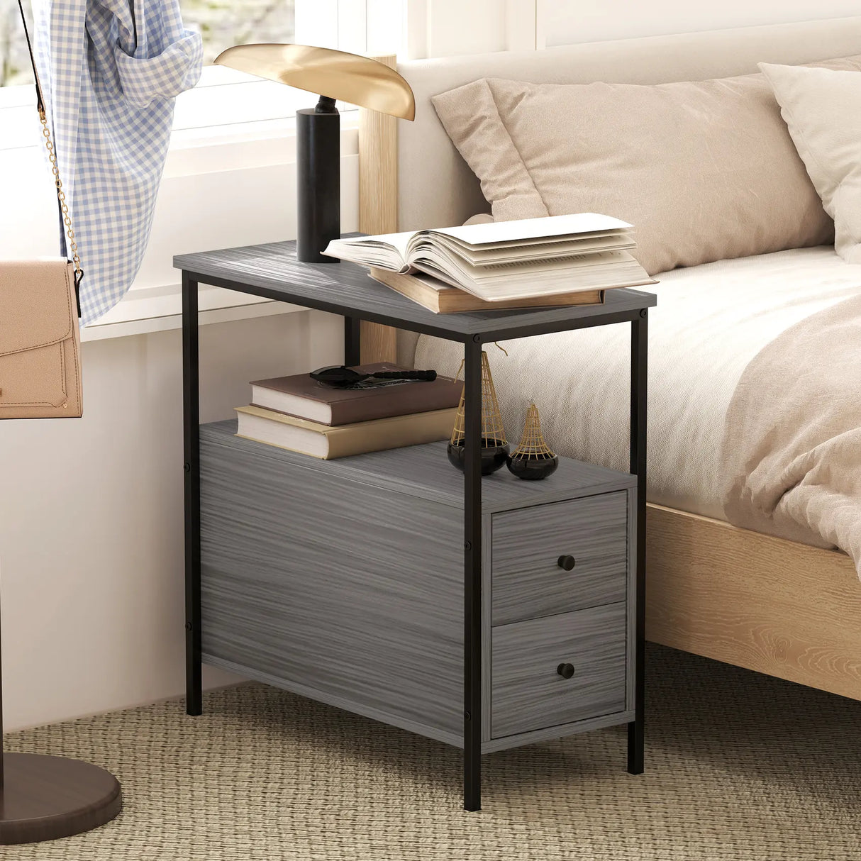 HOMCOM Side Table, Narrow Bedside Table with 2 Drawers and Storage Shelf, Industrial End Table with Metal Frame for Small Spaces, Grey Wood Grain