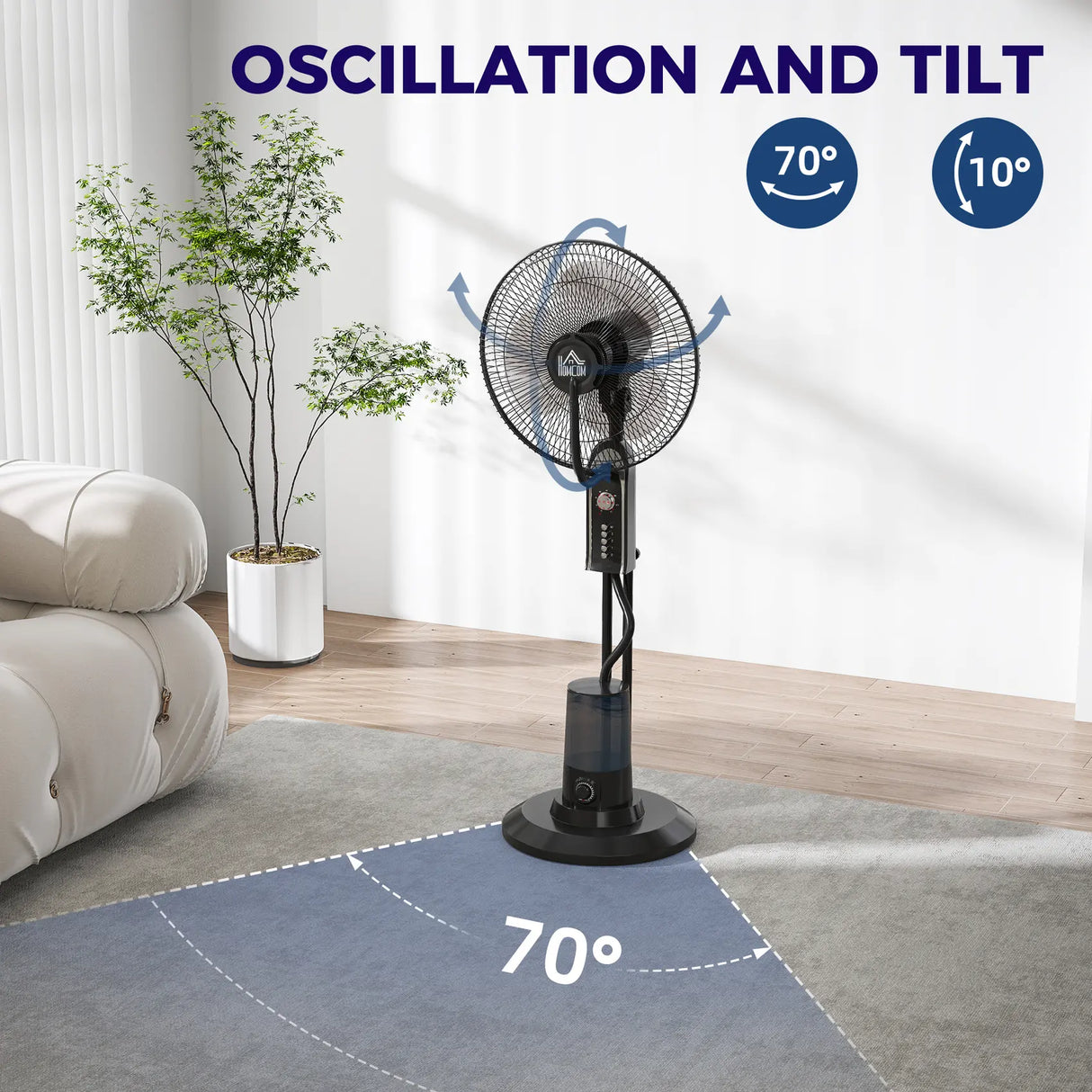 HOMCOM Pedestal Fan with Water Mist Spray, Spray Misting Fan with 70 Oscillation, Tilt Head, 3 Speeds, 3 Modes, Adjustable Mist, 3.2L Water Tank, for Home, 120 cm