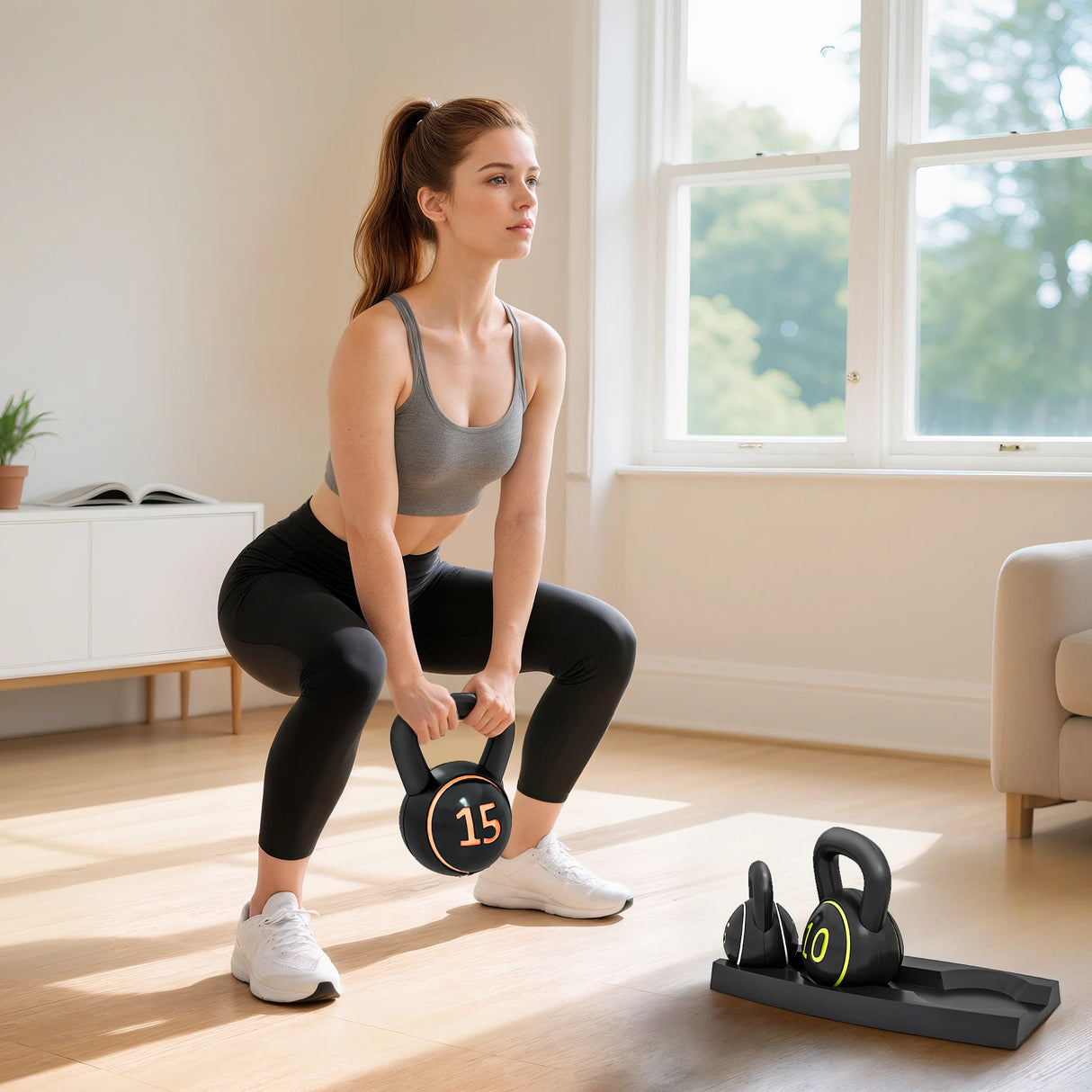 SPORTNOW Three-Piece Kettlebell Set, 5lbs, 10lbs, 15lbs with Storage Tray