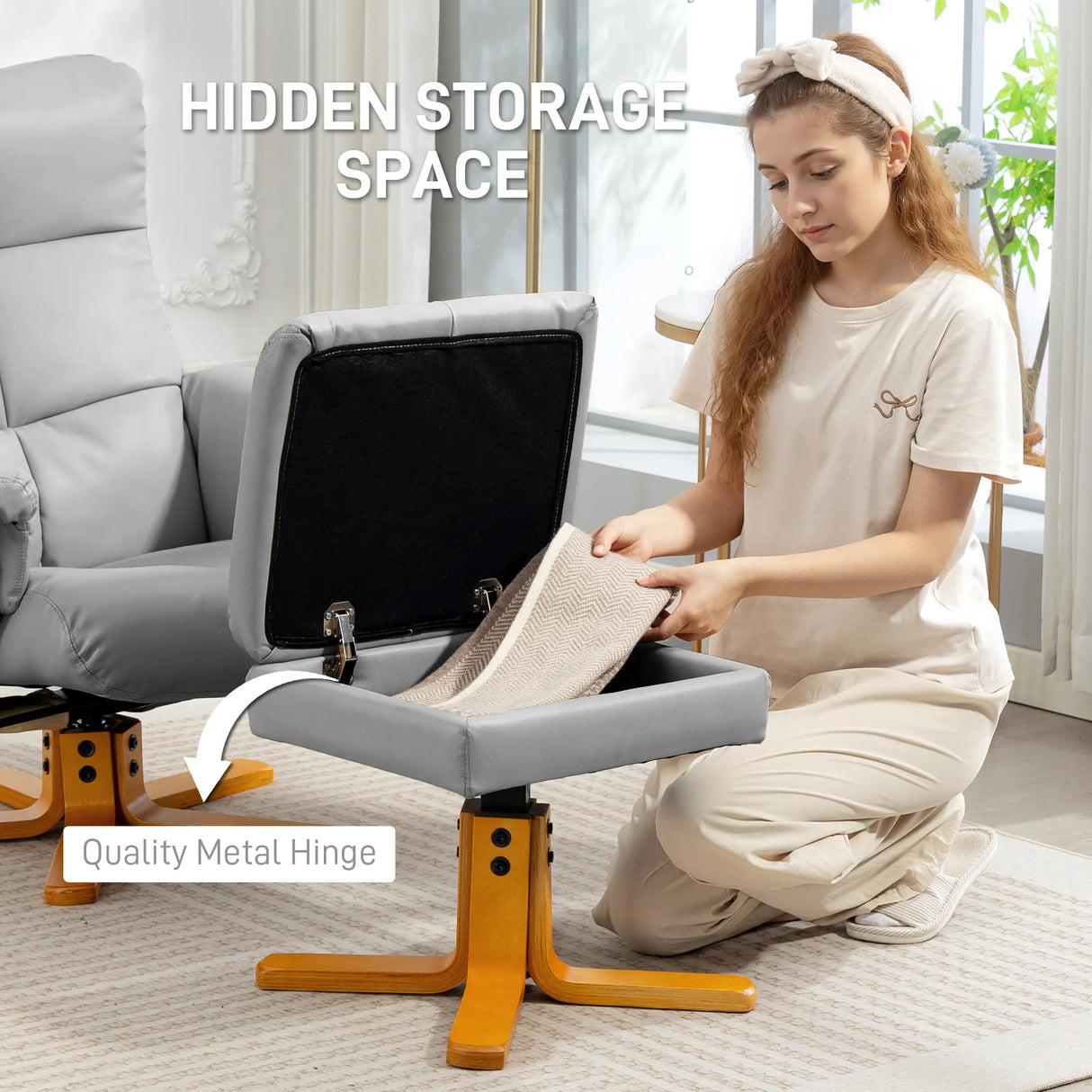 HOMCOM PU Leather Swivel Recliner Chair with Footstool, Wooden Base and Storage for Living Room, Light Grey