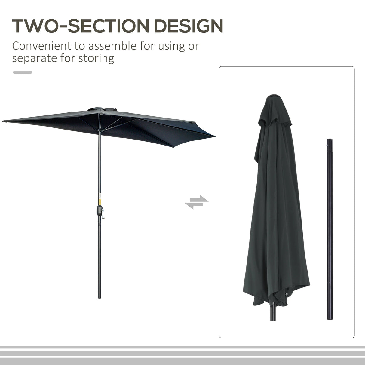 Outsunny 3(m) Half Parasol, Semi Round Umbrella with Metal Frame, Crank Handle for Balcony, Garden, Black