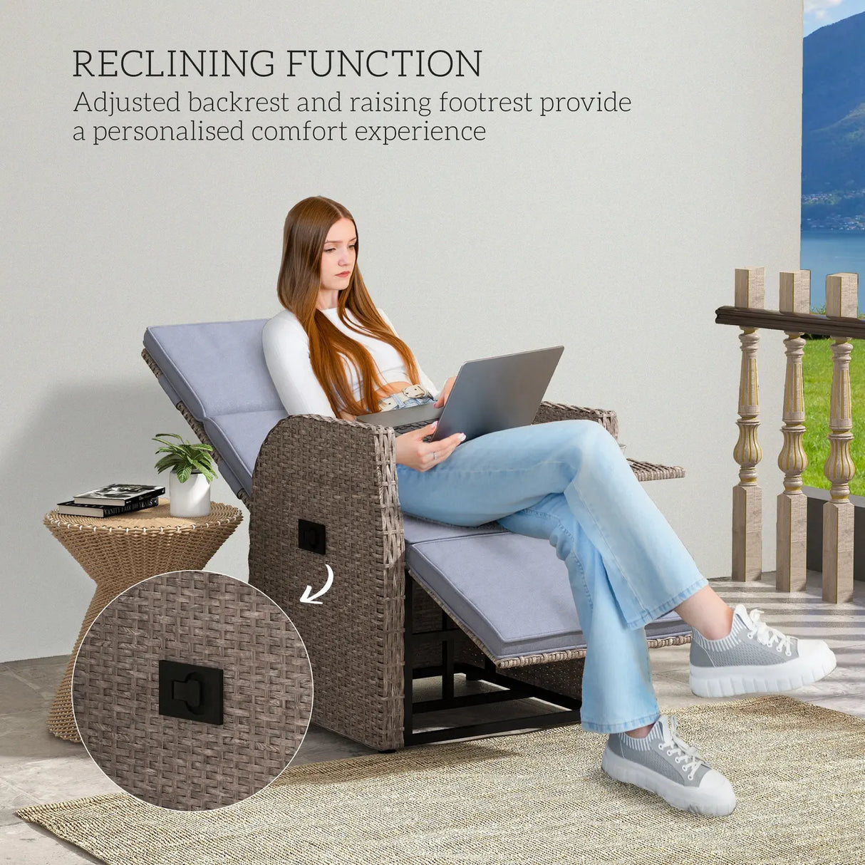 Outsunny 148 Reclining Rattan Garden Armchair, with Footrest - Brown/Grey
