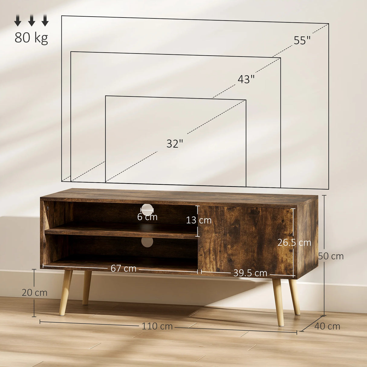 HOMCOM TV Stand up to 55 Inches, TV Unit with Open Shelves and Cable Holes - Brown
