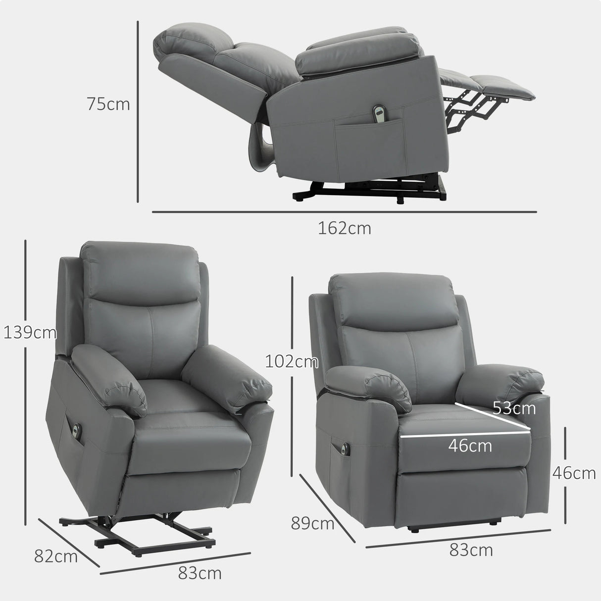 HOMCOM Faux Leather 70 Electric Riser Recliner Chair, Charcoal Grey