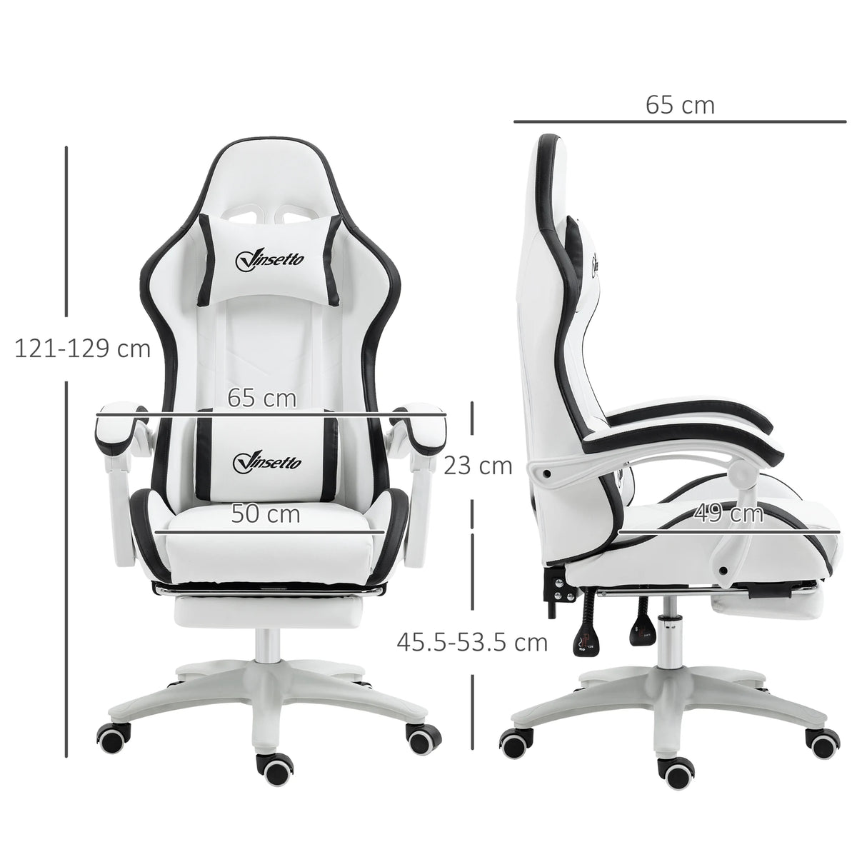 Vinsetto Computer Gaming Chair, PU Leather Office Desk Chair with Footrest, Swivel Wheels, 135 Reclining Back, Lumbar Support, Headrest for Home, White and Black