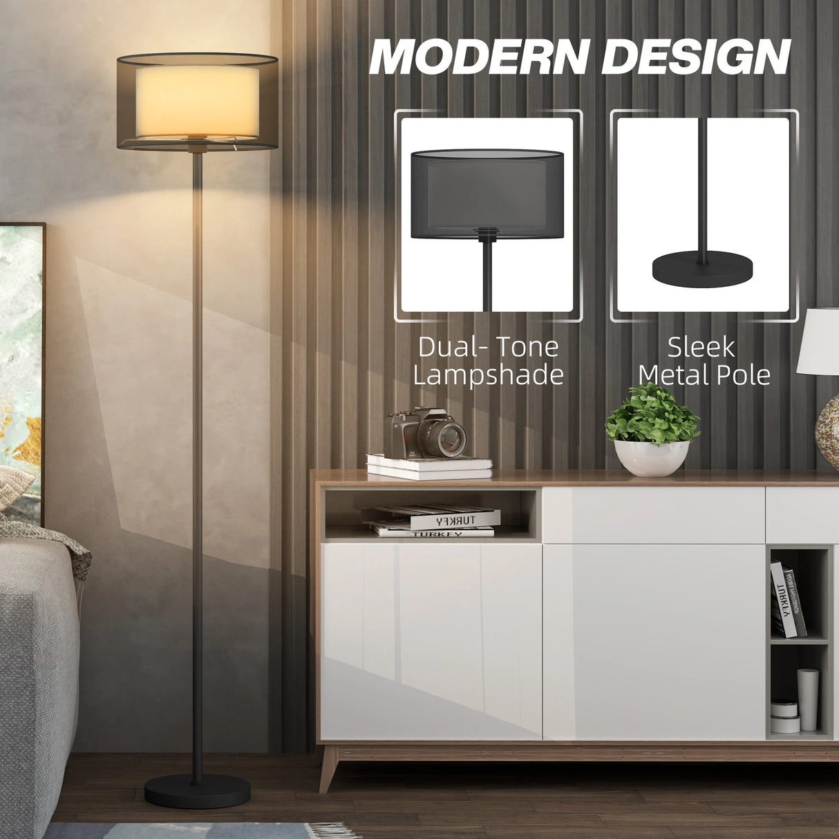 HOMCOM Floor Lamp for Living Room, Modern Standing Lamp with Double Layer Shade & Foot Switch, Minimalist Tall Pole Lampshade for Bedroom, Office, Black