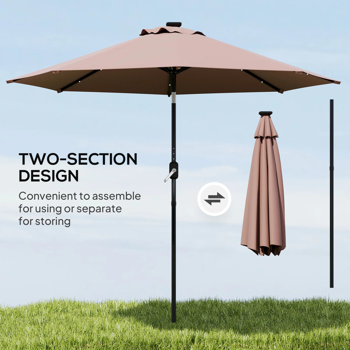 Outsunny 2.7m Garden 24 LED Light Parasol Solar Outdoor Tilt Sun Umbrella Patio Club Party Event Manual Sun Shade w/ Hand Crank and 8 Ribs, Brown