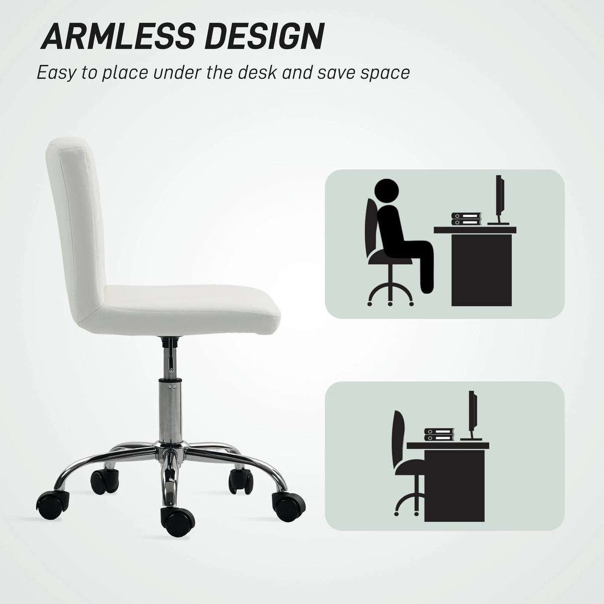 HOMCOM PU Leather Armless Office Chair, Modern Vanity Computer Swivel Chair with Rolling Wheels and Adjustable Height for Home Study, Bedroom, White