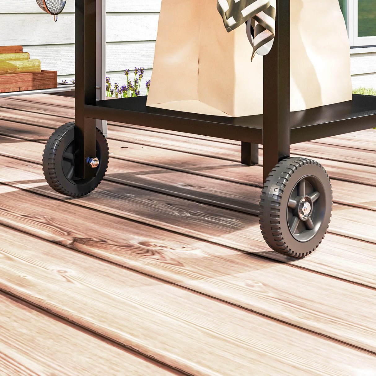 Outsunny BBQ Trolley with Stainless Steel Top and Foldable Side Table, Outdoor Kitchen Barbecue Station with Hooks and Shelf, Pizza Oven Table Movable Outdoor Grill Dining Cart with Cover, Black