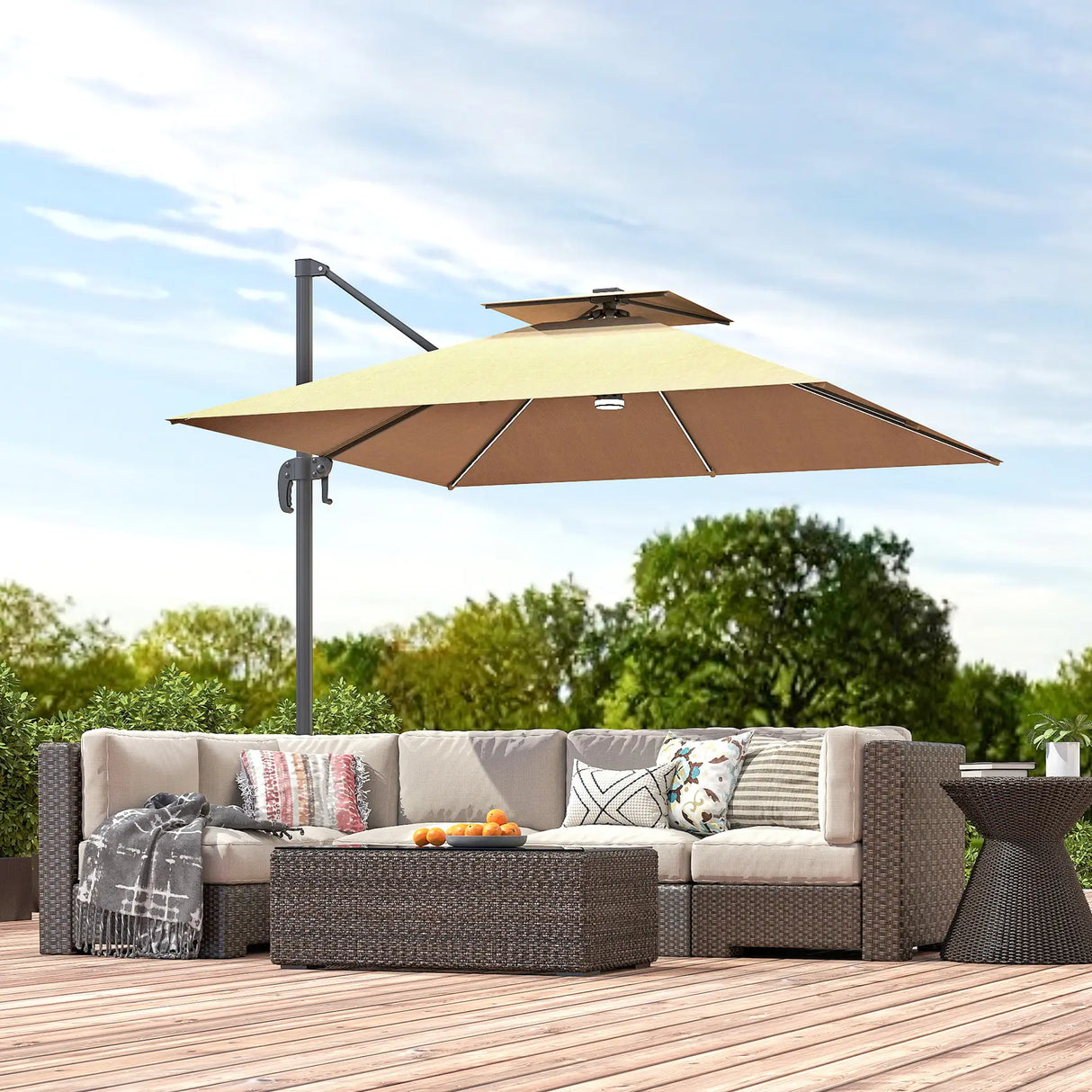 Outsunny 2.5m Cantilever Parasol with Solar Powered LED Lights, 360 Rotation, Tilt Adjustment, Crank Handle, Khaki