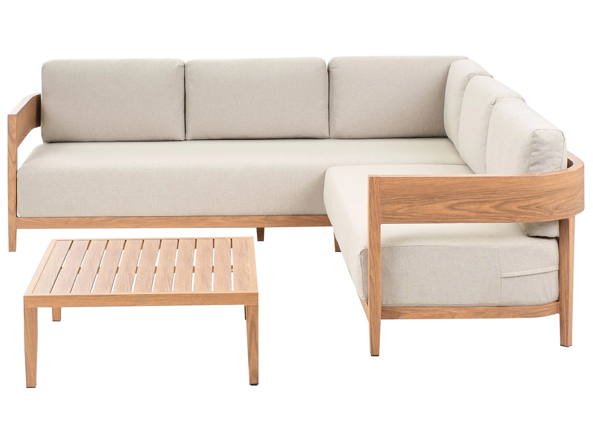 Garden Corner Sofa Set Light Brown Aluminium Frame with Light Beige Cushions 5 Seater Coffee Table Beliani