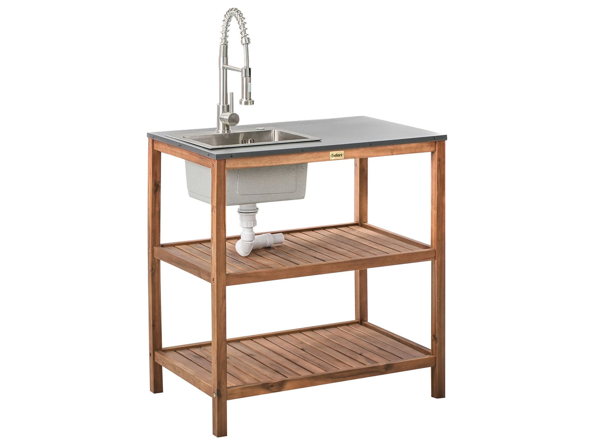 Outdoor Kitchen Island Brown with Silver Acacia Wood 2 Shelves Unit with Steel Top Sink and Faucet 80 x 50 x 83 cm Garden Kitchen Dining Beliani