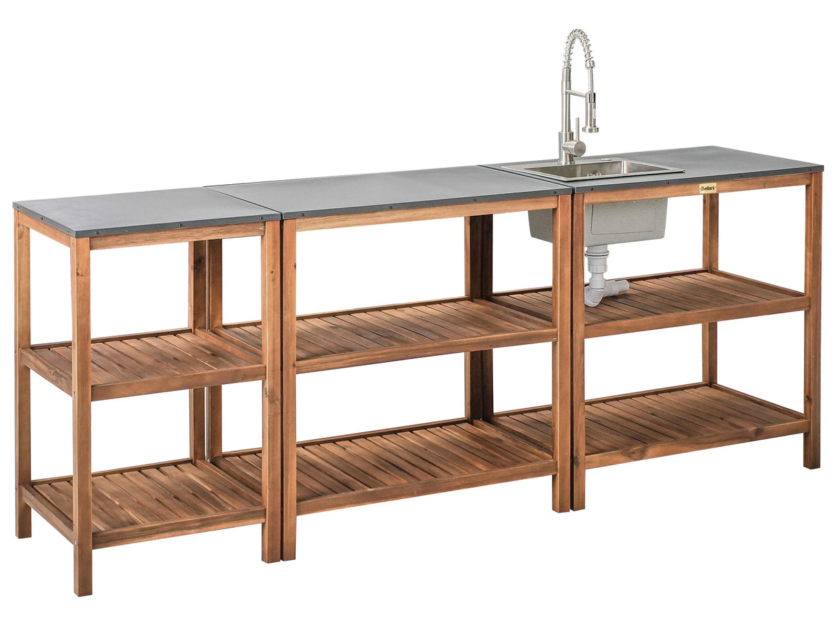 Outdoor Kitchen 3 Piece Cabinet Brown and Silver Acacia Wood Shelves Door Unit with Steel Top with Sink Garden Kitchen Dining Beliani