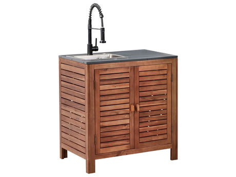 Outdoor Kitchen Cabinet Brown and Black Acacia Wood 2 Shelves 2 Door Unit with Steel Top with Sink 80 x 50 x 83 cm Garden Kitchen Dining Beliani