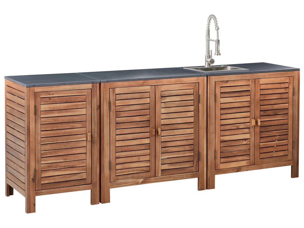 Outdoor Kitchen 3 Piece Cabinet Brown and Silver Acacia Wood Shelves Door Unit with Steel Top with Sink Garden Kitchen Dining Beliani