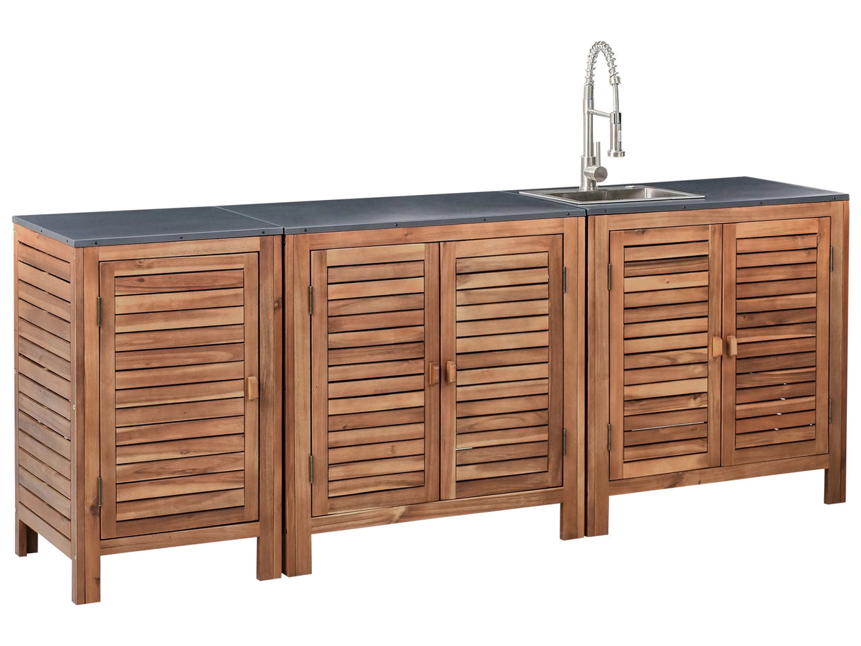 Outdoor Kitchen 3 Piece Cabinet Brown and Silver Acacia Wood Shelves Door Unit with Steel Top with Sink Garden Kitchen Dining Beliani