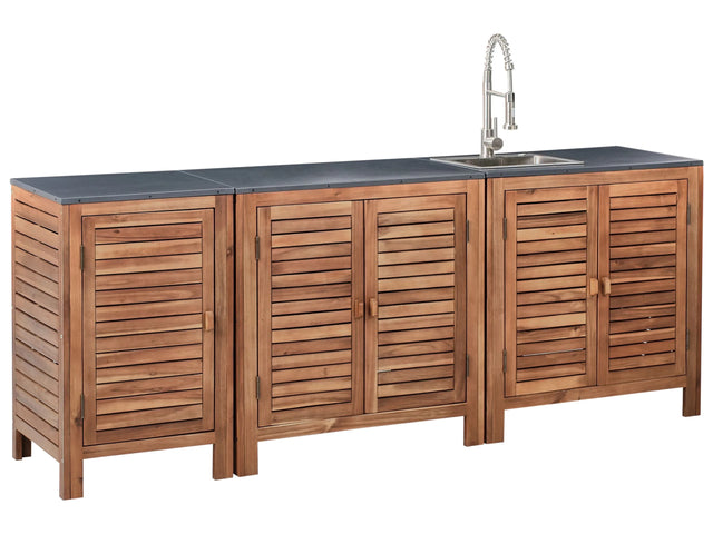 Outdoor Kitchen 3 Piece Cabinet Brown and Silver Acacia Wood Shelves Door Unit with Steel Top with Sink Garden Kitchen Dining Beliani