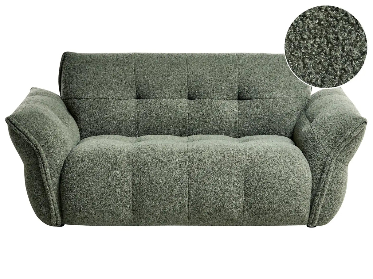 2 Seater Sofa Dark Green Boucle Upholstered Back and Front Wooden Black Legs with Caps Living Room Cosy and Soft Furniture Beliani