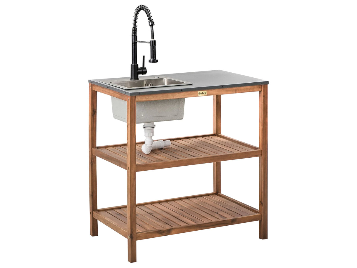 Outdoor Kitchen Island Brown with Black Acacia Wood 2 Shelves Unit with Steel Top Sink and Faucet 80 x 50 x 83 cm Garden Kitchen Dining Beliani