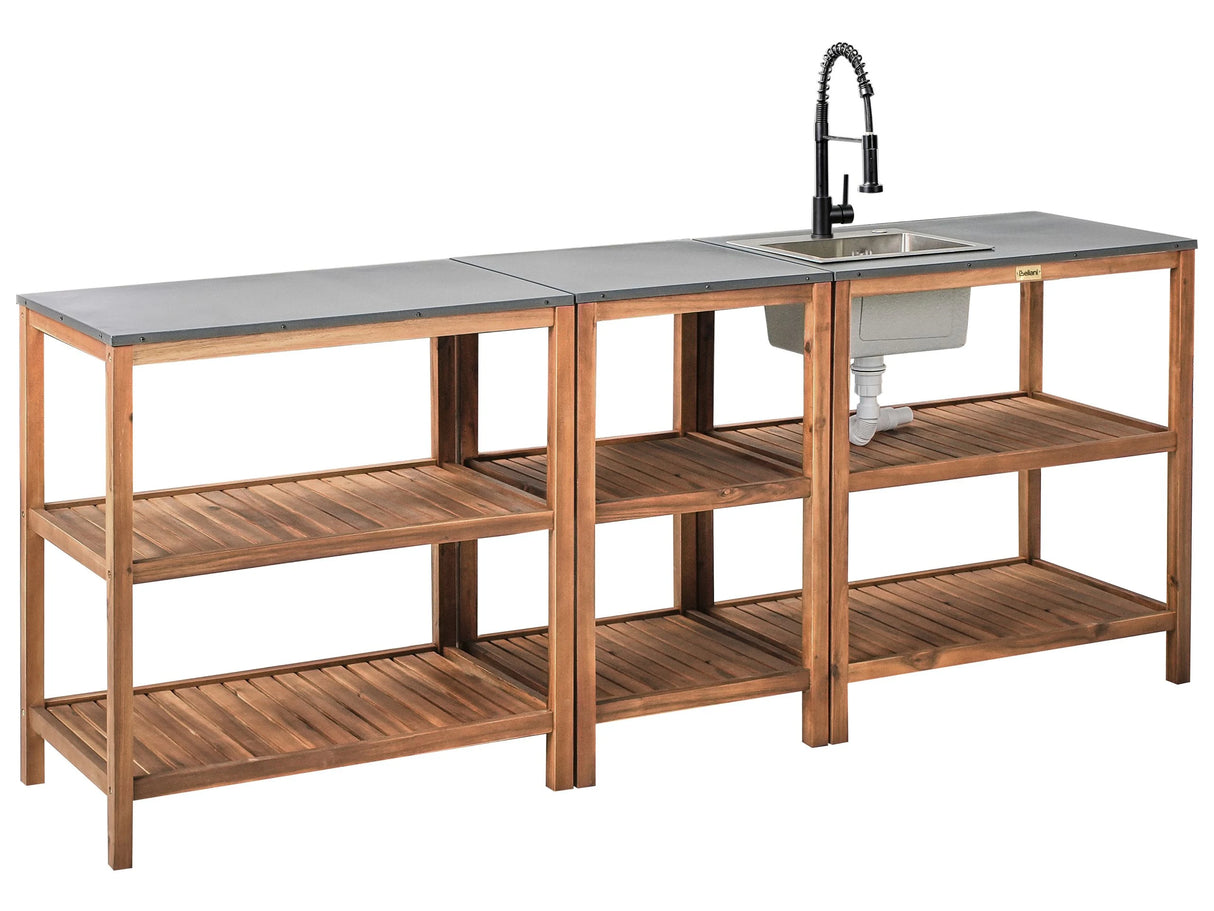 Outdoor Kitchen 3 Piece Cabinet Brown and Black Acacia Wood Shelves Door Unit with Steel Top with Sink Garden Kitchen Dining Beliani