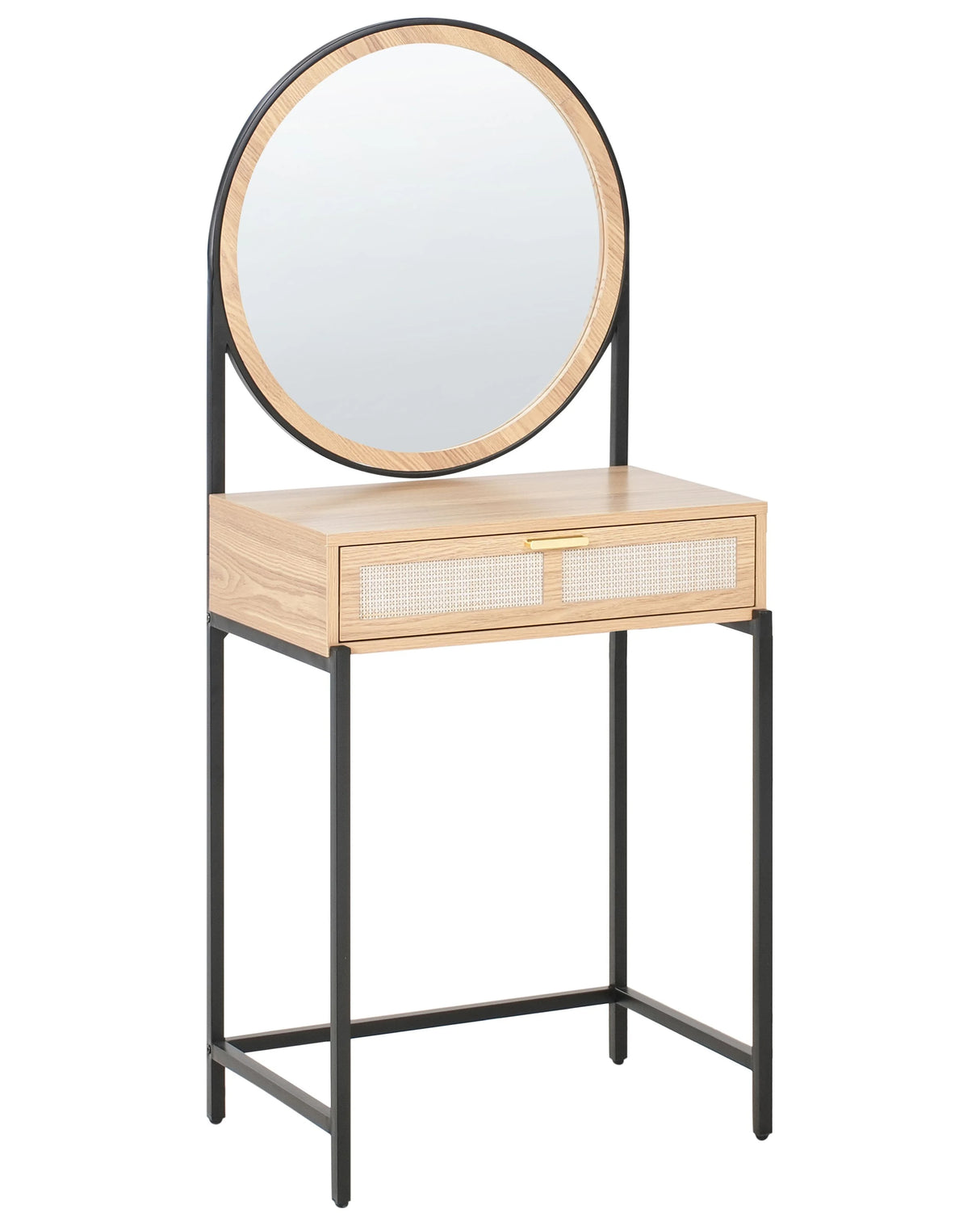 Dressing Table Light Brown and Black Particle Board 1 Drawer Mirror Living Room Furniture Boho Design Beliani