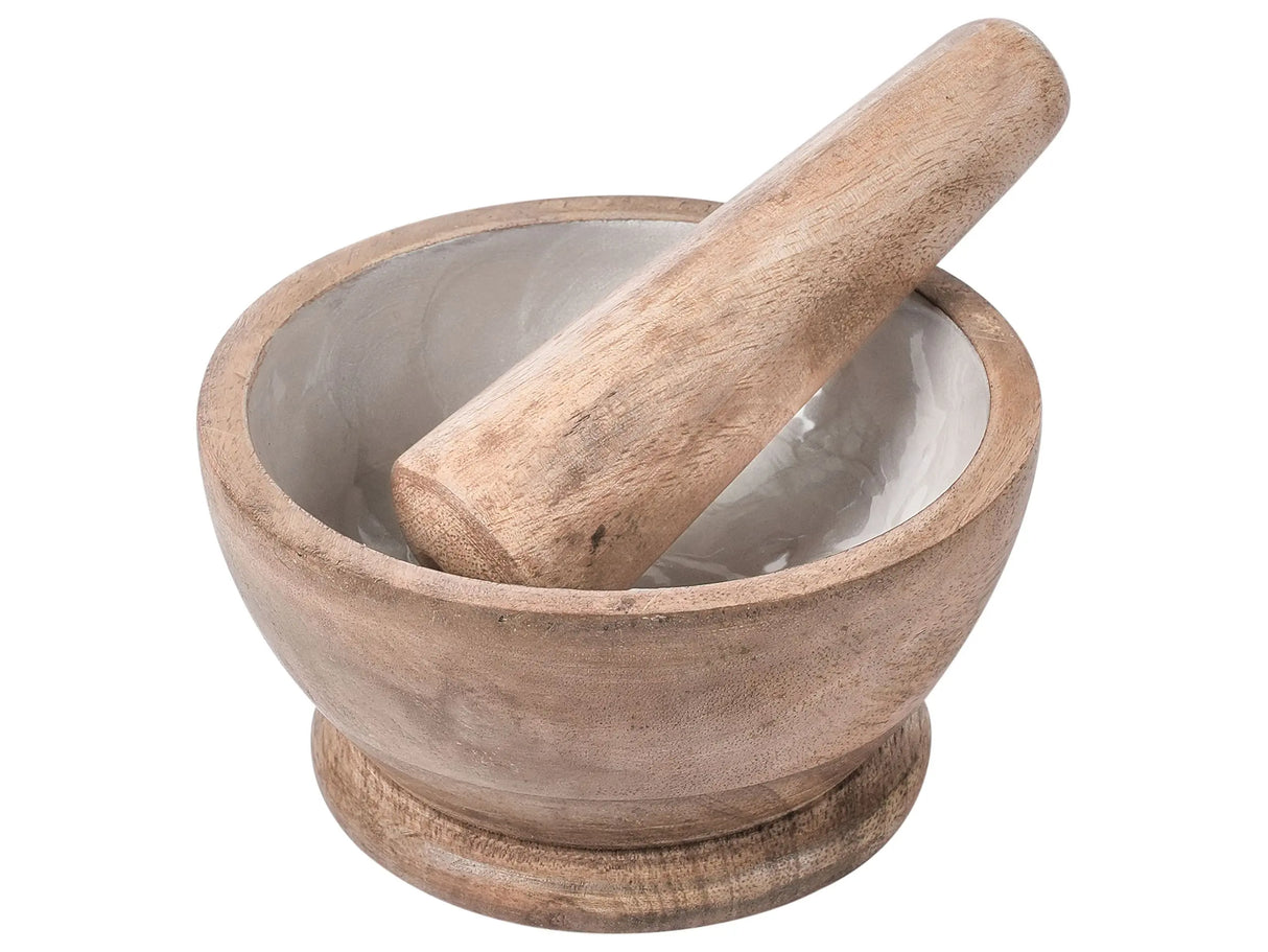 Mortar and Pestle Brown and White Mango Wood Handmade Kitchen Dining Room Beliani