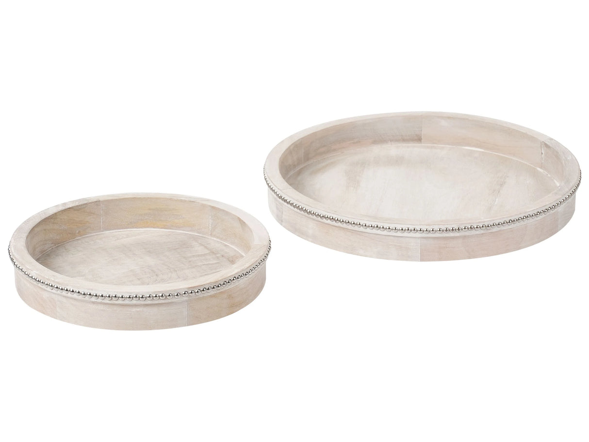 Set of 2 Serving Trays Light Brown Mango Wood Decorative Stylish Carved Cake Stand Pastry Holder Beliani